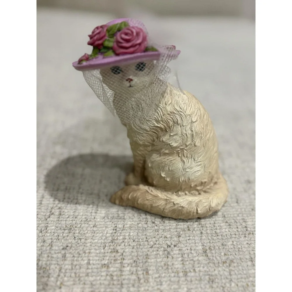 Vintage Decorative Cat Figurines Pair with Floral & Bird Hats